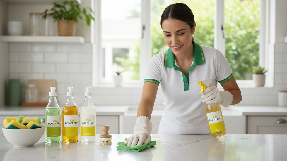 Eye-level view of a professional cleaner using eco-friendly products on a countertop
