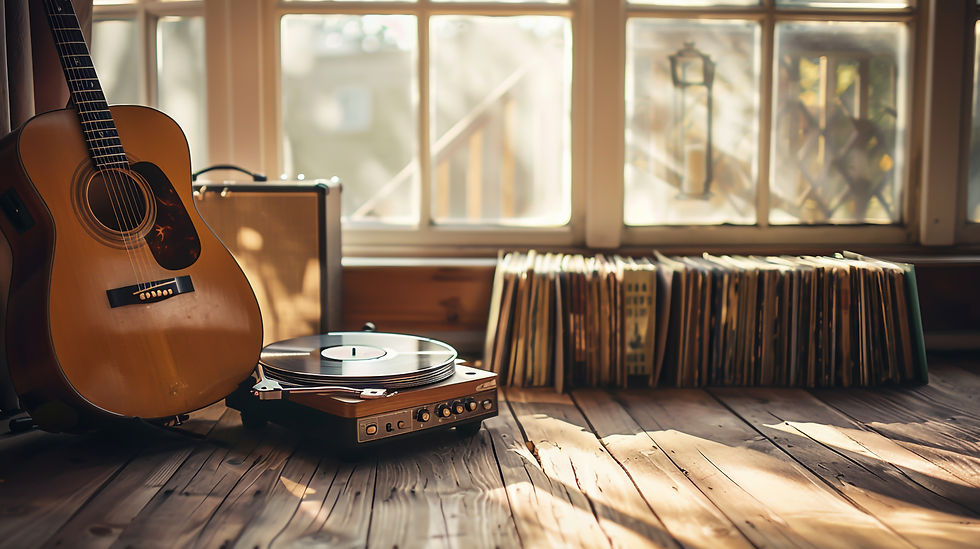 Akustikgitarre neben einem Plattenspieler – Symbolbild für Tipps, um schneller Gitarre zu lernen