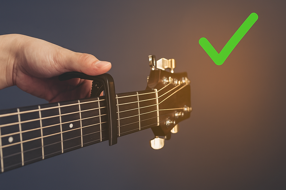 Hand setzt einen Kapodaster mittig bis leicht hinter dem Bundstäbchen – korrekt platziert für sauberen Ton und gute Bespielbarkeit.