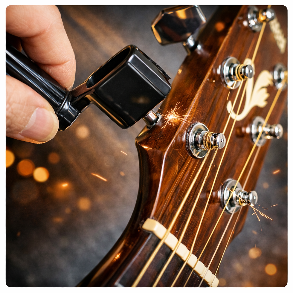 Gitarrensaiten wechseln: Saite wird mit einer Saitenkurbel an der Mechanik aufgezogen