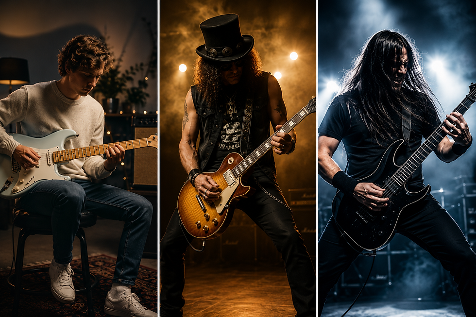 Vergleich von Clean-, Rock- und Metal-Gitarristen mit unterschiedlichen Spielstilen und Sounds