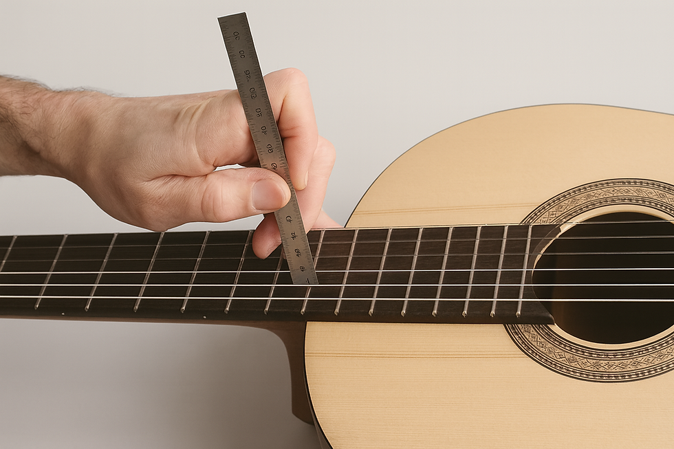 Nahaufnahme einer Gitarre, bei der mit einem Lineal die Saitenlage am Griffbrett gemessen wird – zeigt, wie eine zu hohe Saitenlage Barré-Akkorde erschwert.