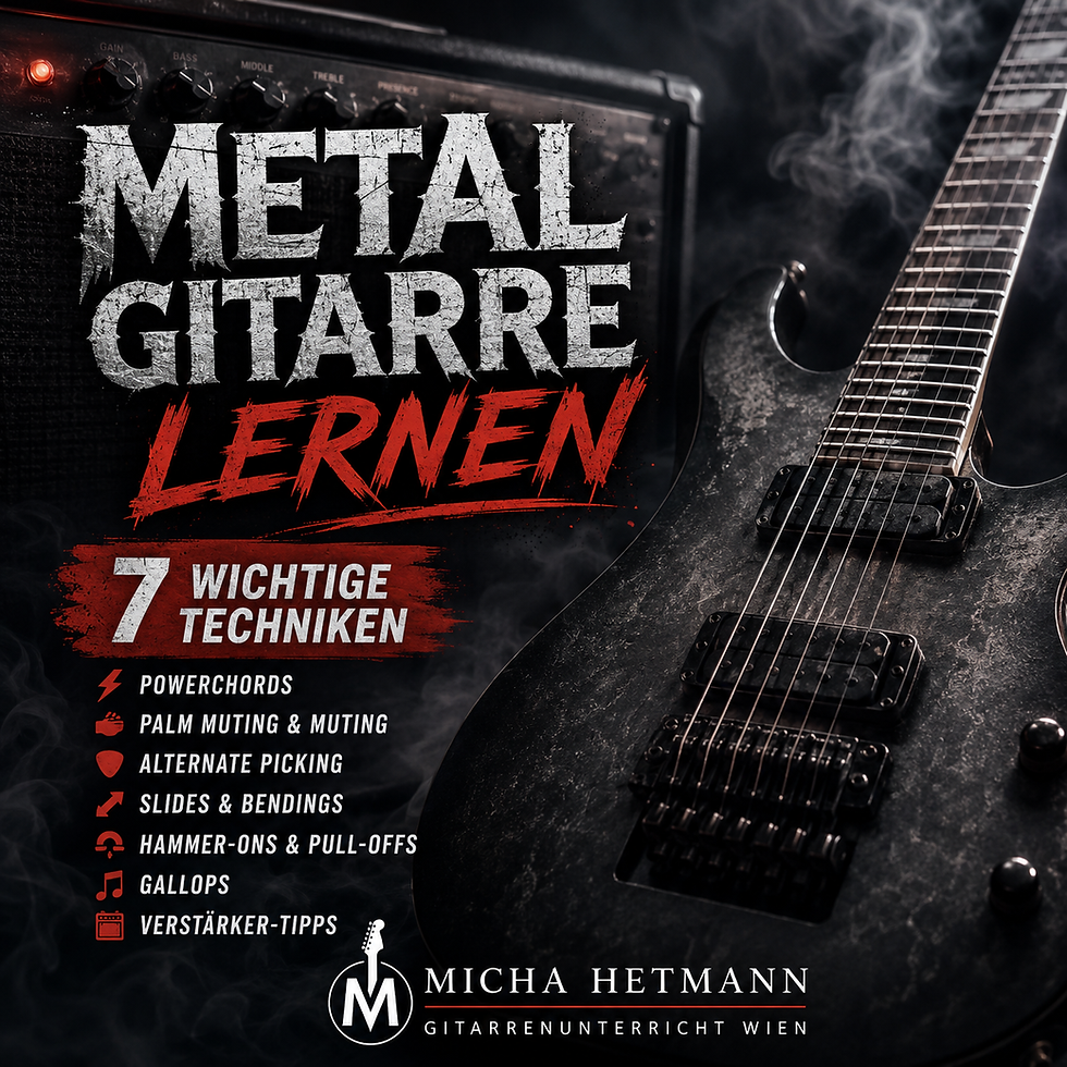 E-Gitarrist spielt ein Metal-Riff auf einer schwarzen E-Gitarre – Titelbild zum Artikel über sieben wichtige Metal-Gitarrentechniken.