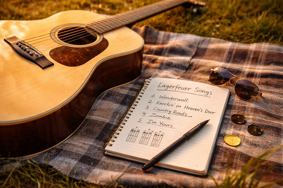 Akustikgitarre liegt auf einer Decke im Freien neben einem Notizbuch mit einer handgeschriebenen Lagerfeuer Songliste