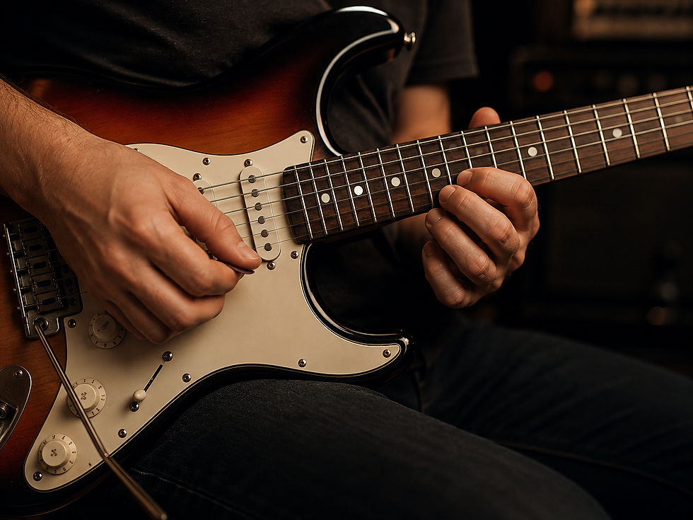 E-Gitarre mit aktivem Bridge-Tonabnehmer beim Anschlagen der Saiten