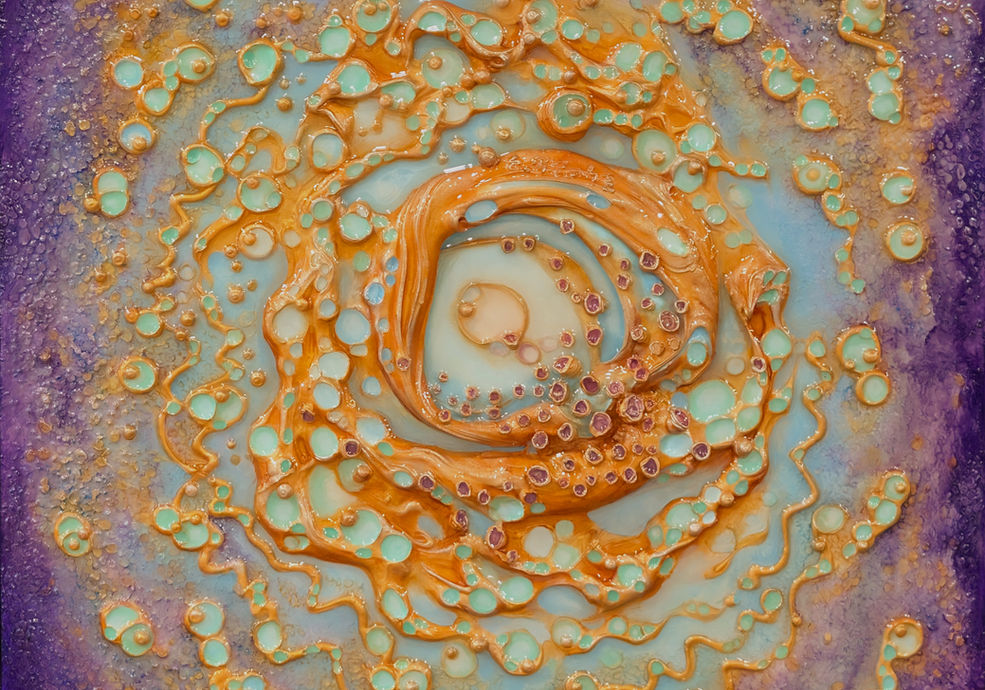 Tableau abstrait carré (76x76 cm) en haut-relief violet, orange et turquoise intitulé Maelstrom par l'artiste Patrice Dufour. Sculpture murale organique avec textures circulaires en mortier, fini cristallin en résine époxy ultra-brillant.