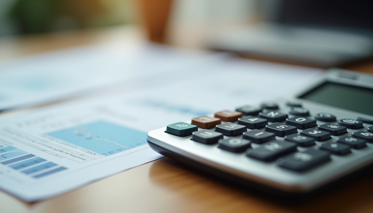 Close-up view of a financial calculator and investment documents on a desk