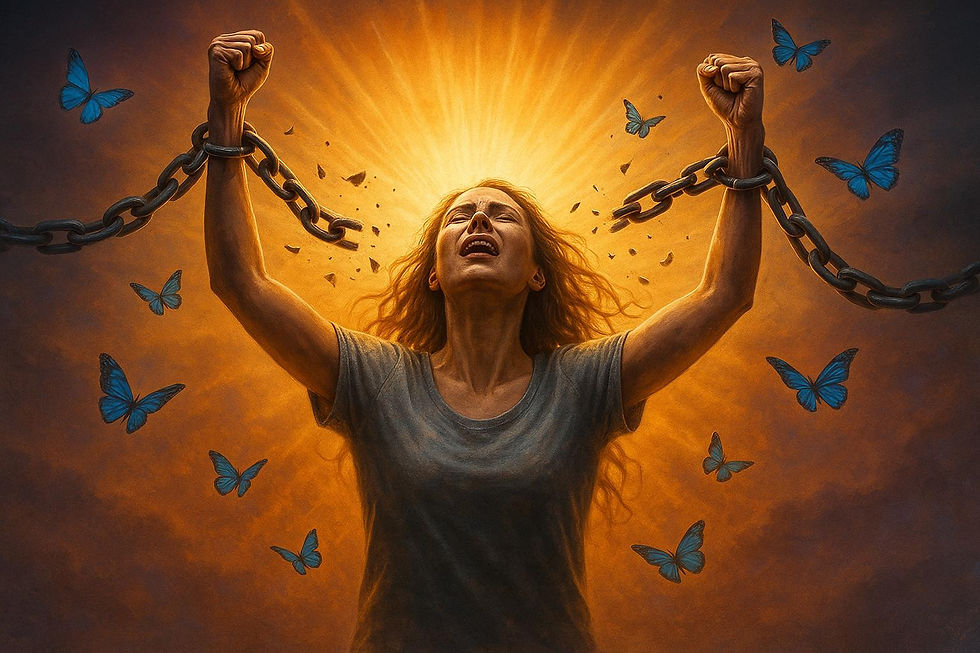 Mujer rompiendo cadenas, recuperando libertad