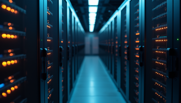 Eye-level view of a network server rack with blinking lights
