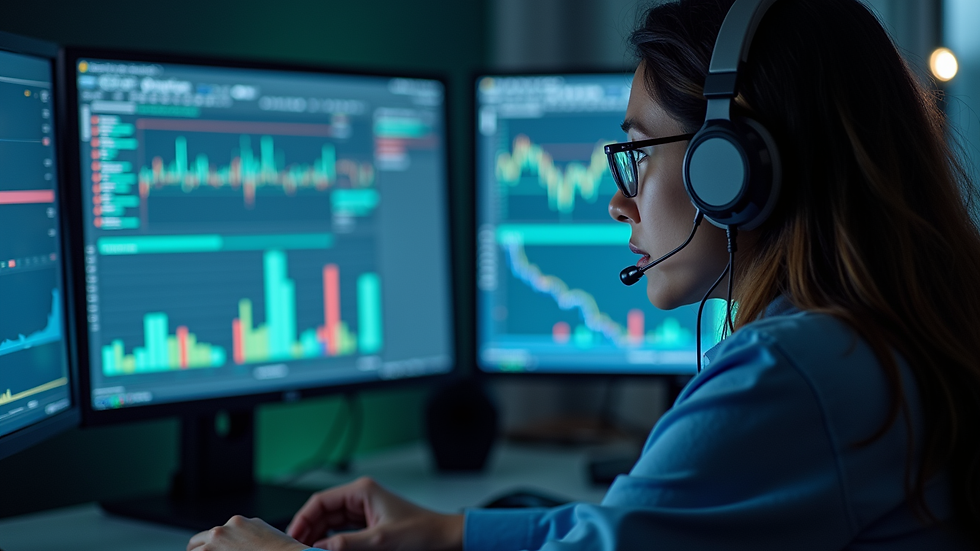 Close-up view of a cybersecurity professional analyzing data on multiple monitors