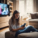 AI generated photo of a teenager girl looking at her phone, with her back to the TV