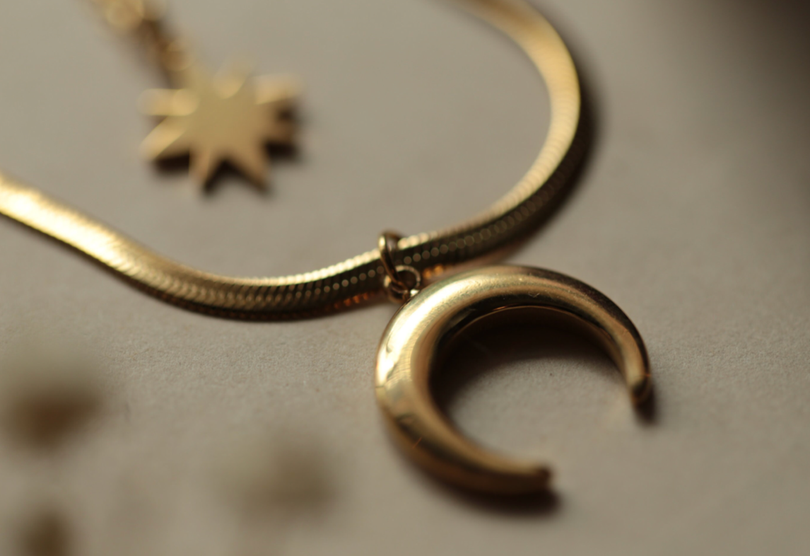 Witch's  Moon and Star  Double Gold  Necklace