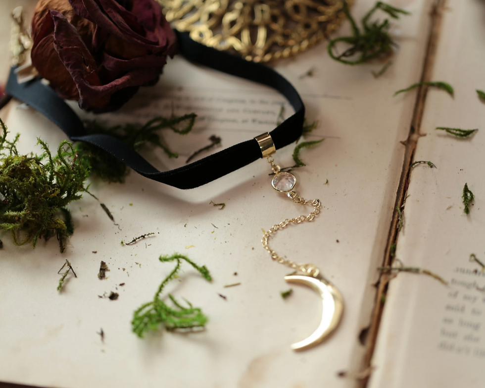 Thumbnail: Hanging Moon Velvet Choker  long adjustable black velvet choker