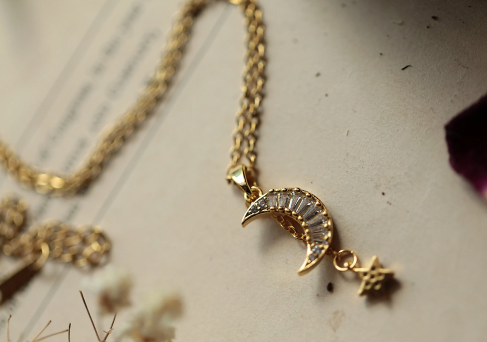 Thumbnail: The Crystal Moon  and Star Gold Necklace 18k