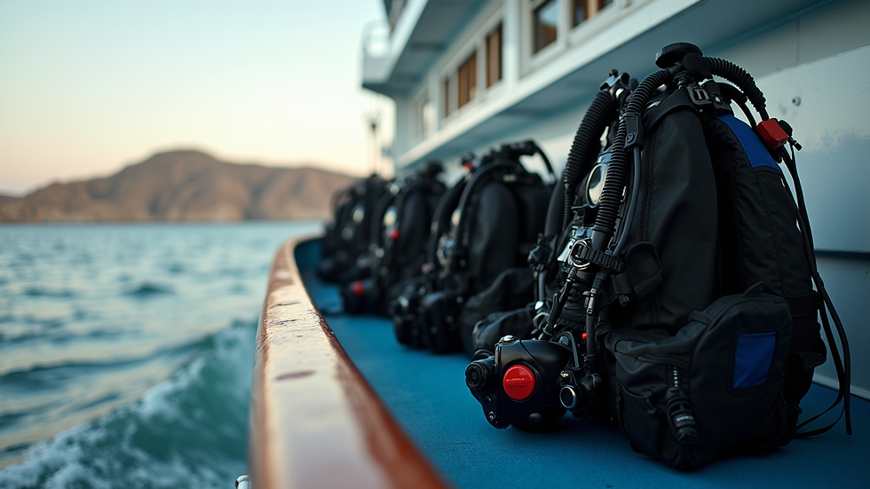Eye-level view of scuba gear neatly arranged on a boat deck