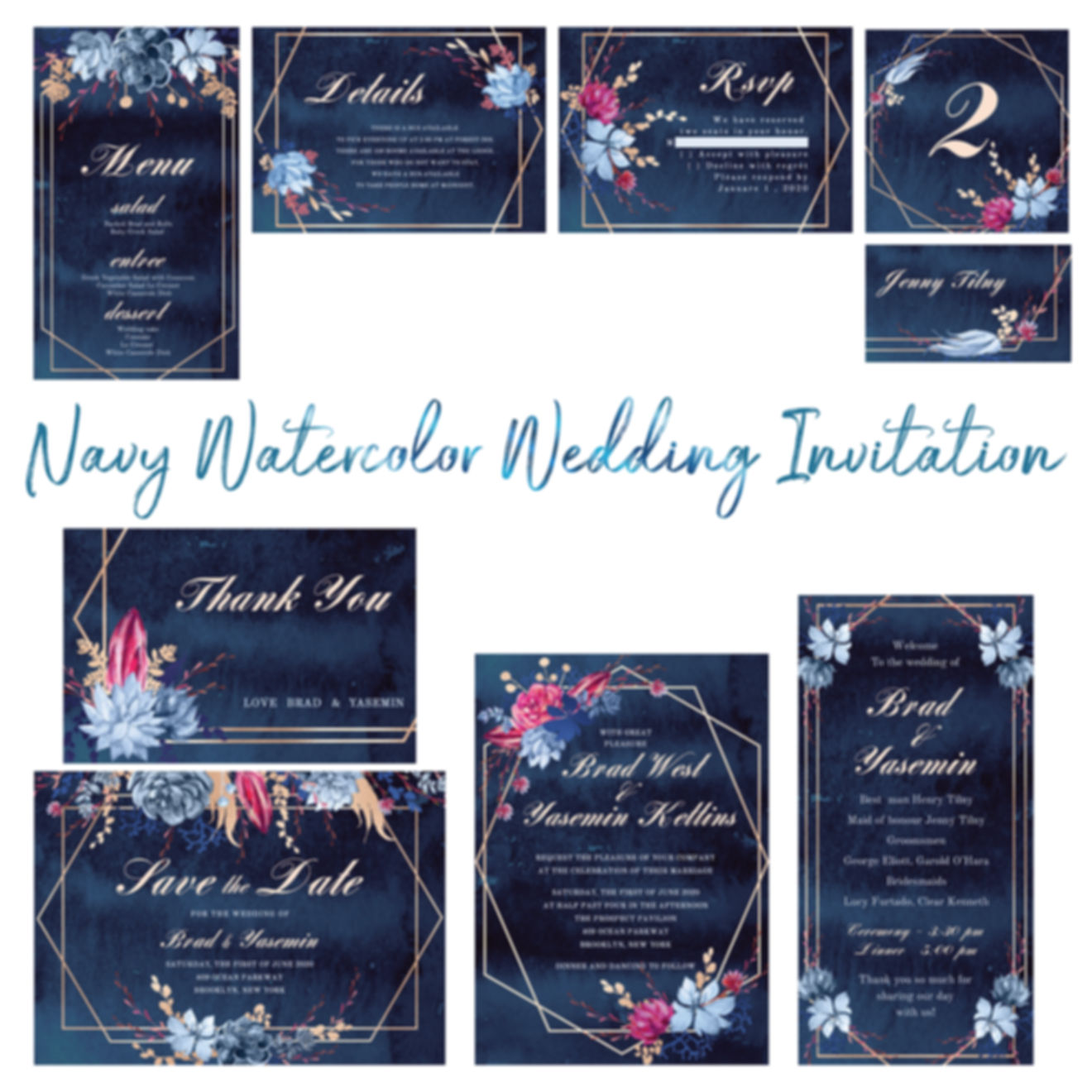 Navy Watercolor Wedding Invitation
