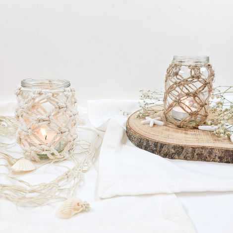 DIY Makramee Windlicht Fischernetz knoten einfach maritim boho tischdeko sommer