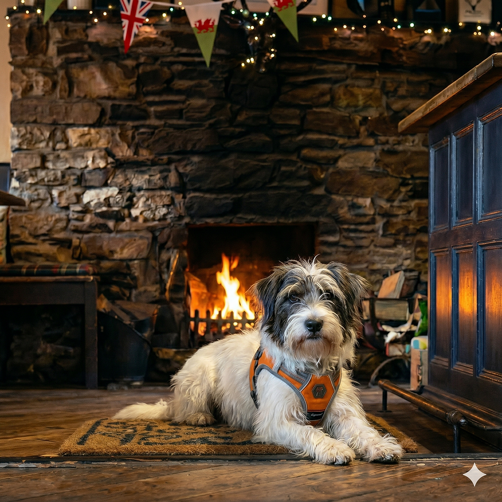 Dog by the fire at Druid Inn Llanferres