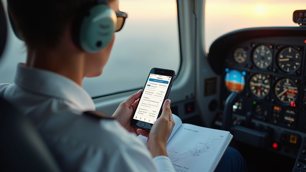 High angle view of a pilot using a smartphone with a digital logbook app open