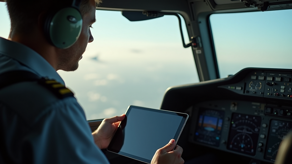 Eye-level view of a pilot using a tablet in a cockpit