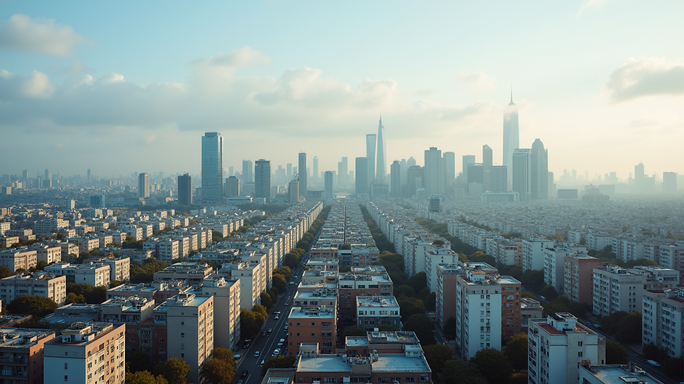 High angle view of a city skyline with diverse residential buildings