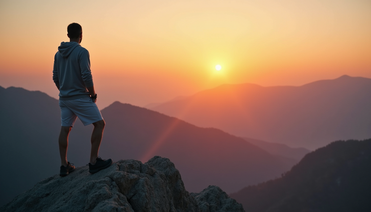 Eye-level view of a man standing on a mountain peak at sunrise