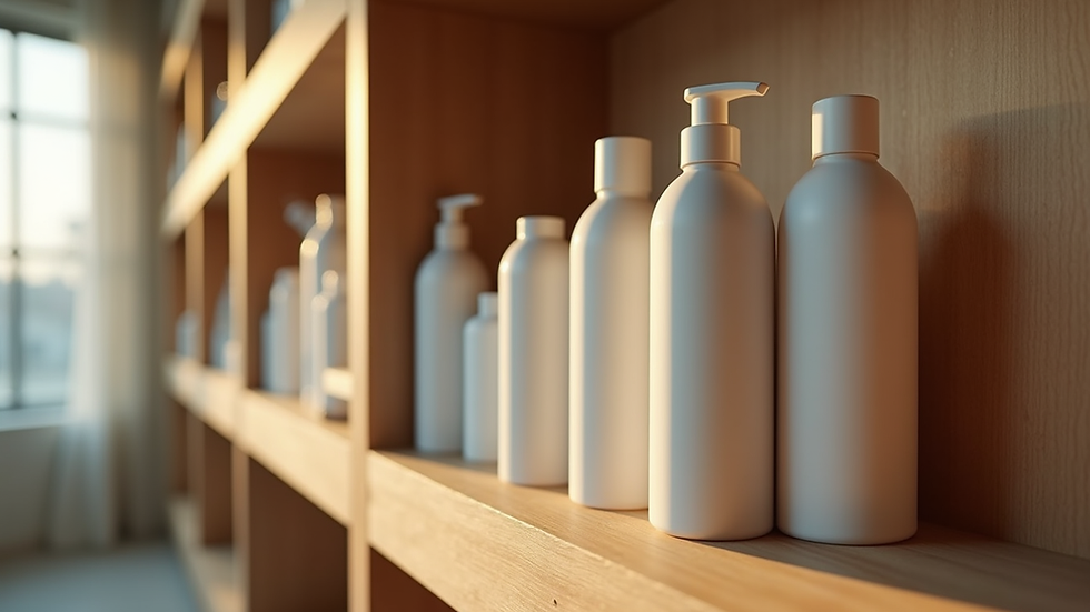 Close-up view of a variety of hair care products on a wooden shelf