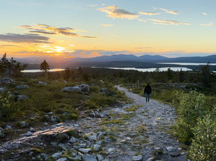 Blick vom Särkitunturi in Lappland auf die Mitternachtssonne über Seen und Bergen – goldene Lichtstimmung mit Wanderweg im Vordergrund.