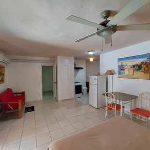 Studio with bed, stove refrigerator, couch, table, chairs, fans, air conditioner, Internet.