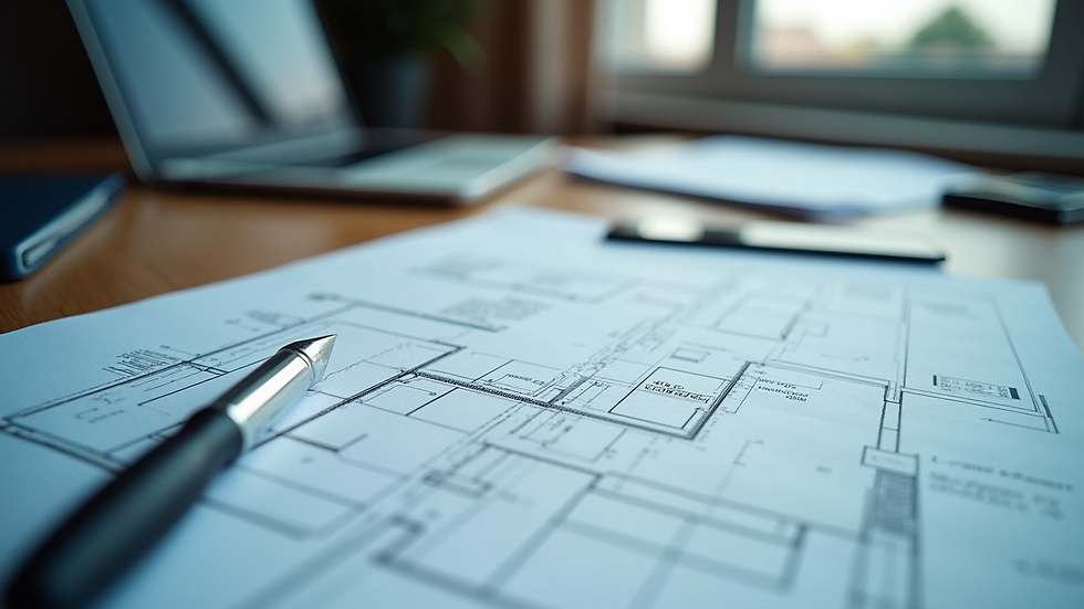 Close-up view of engineering blueprints and tools on a desk