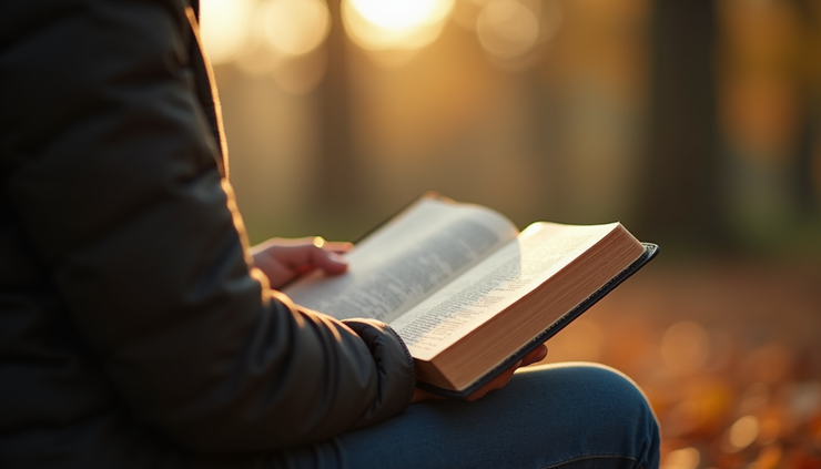 Picha ya mtazamo wa jicho wa mtu akisoma Biblia kwa makini katika mazingira ya amani