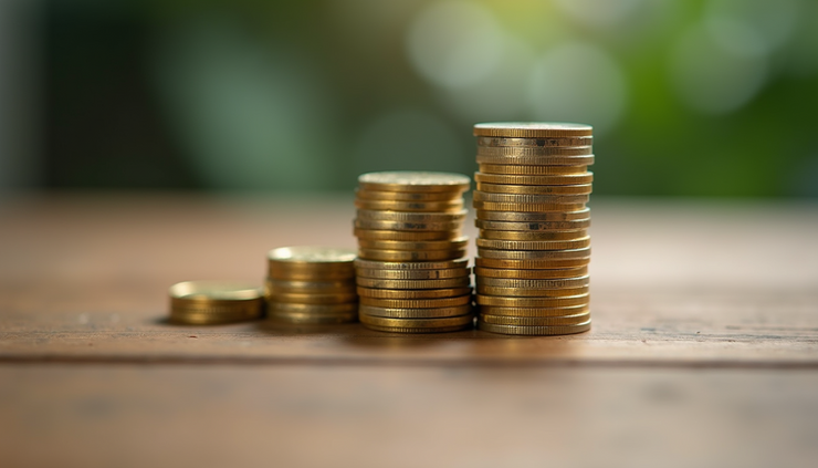 Close-up view of silver and gold coins stacked on a wooden table