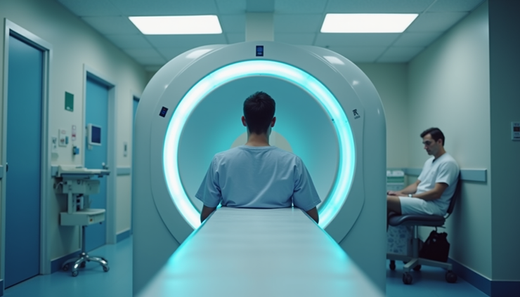 Eye-level view of a human scanner device scanning a person in a healthcare facility