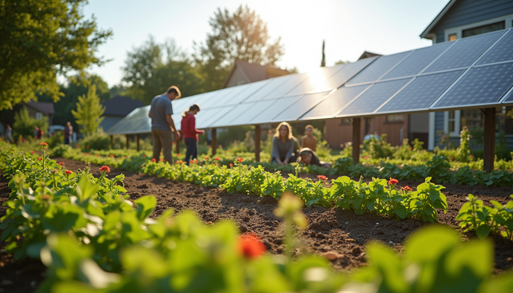 Eye-level view of a solar-powered community garden with residents tending plants