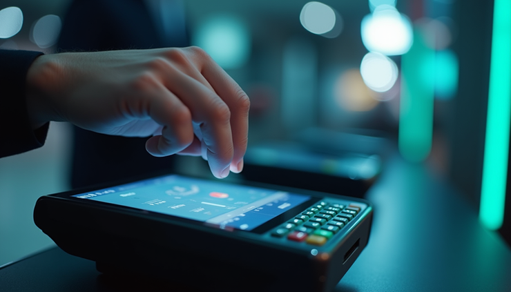 Close-up eye-level view of biometric scanner device integrated with digital payment terminal