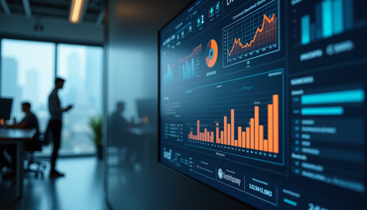 Eye-level view of a modern workspace with a digital communication dashboard on a large screen