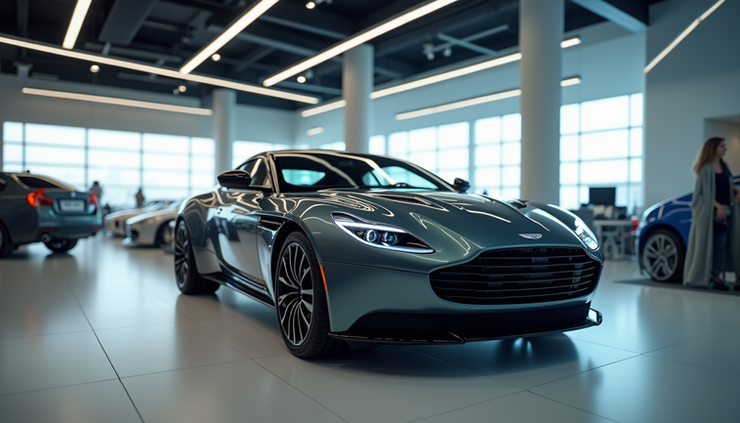 Eye-level view of a sleek modern car displayed in a showroom with bright lighting