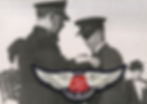 Brigadier Vic Pedersen (then Captain, right) receives his special Flying Red Shield badge from Commissioner William Dalziel at the dedication of the VH-ASA in September 1945.