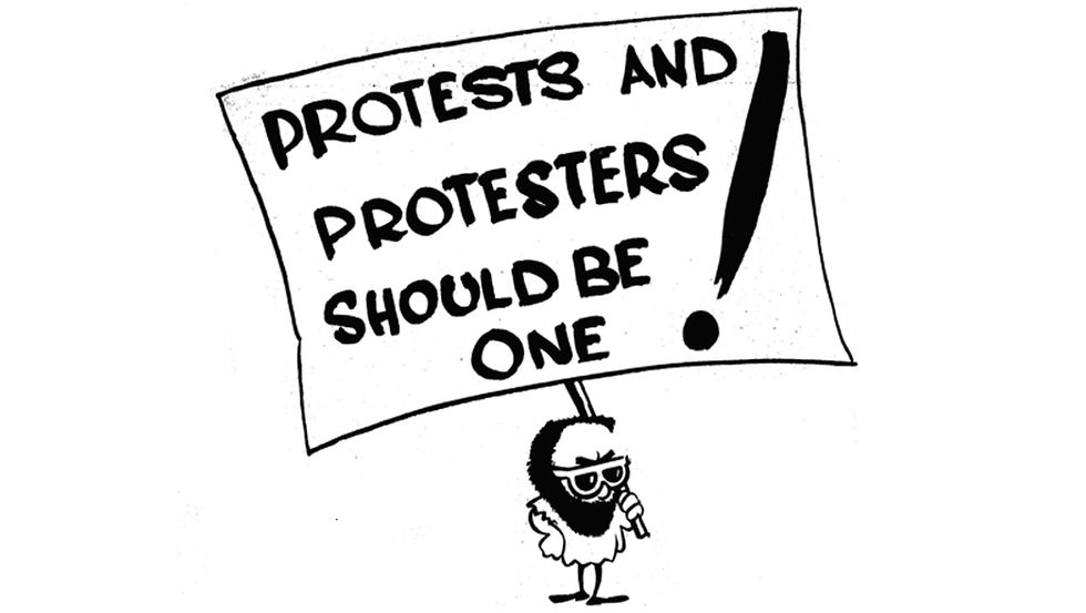 An illustration from a 1975 edition of the War Cry depicting a protester positing his views on protesting.