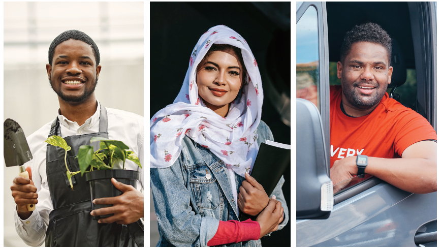 Through Salvos EPlus Local, many refugees and asylum seekers are securing jobs including landscaping, administration, and delivery driving. (Photos: Pexels - Gustavo Fring, Keira Burton, Kindel Media)