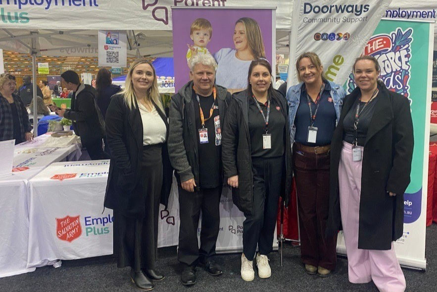 Salvos team members in the Hunter (NSW) at an exhibition that included the promotion of the Employment Plus program: From left, Daniella Ward (Doorways), Will Bragg (Chaplain), Kristy Moylan (Regional Performance Coach), Jackie Irving (former Activity Coordinator) and Bec Geleedst (Engagement Coordinator).