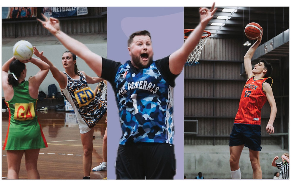 Kyle Walker (centre), of Wollongong Corps, reflects the excitement and competitive nature of the recent Salvation Army Interstate Basketball and Netball Carnival. (Right) Jonty Smith (SA/NT) slam dunks. All photos: Joshua Foster