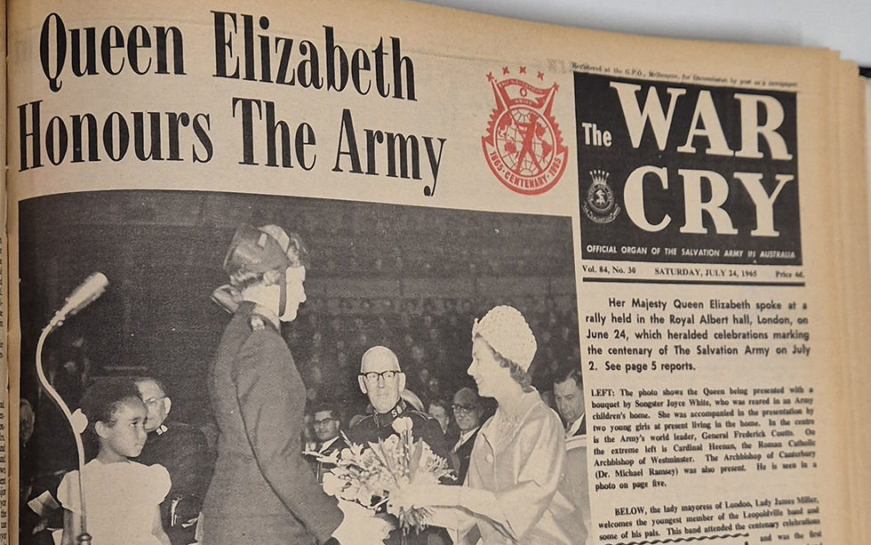 An Australian War Cry report in July 1965 of Queen Elizabeth attending a 100th anniversary event of The Salvation Army at the Royal Albert Hall in London.