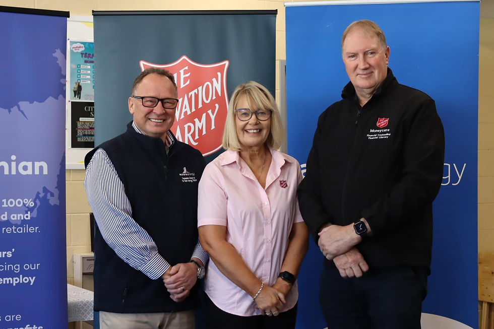 Nigel Clark (Aurora Energy CEO), Stacey Milbourne (Salvation Army Doorways Manager) and Stuart Foster (Salvation Army Community Services – General Manager) at the announcement on 15 June.