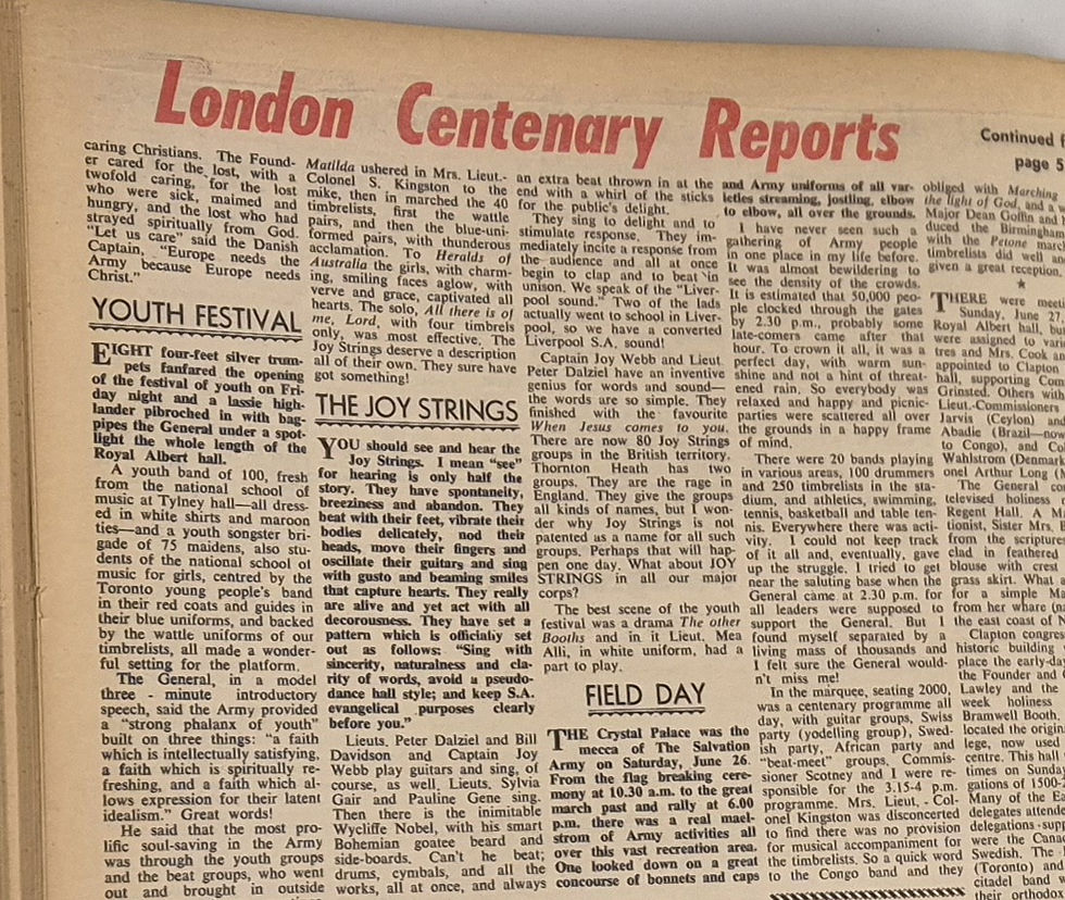 The War Cry report containing the mention of the Joy Strings.