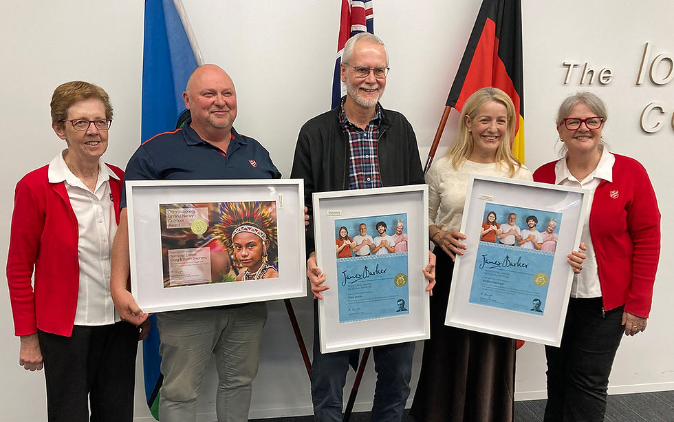 Territorial Commander Commissioner Miriam Gluyas (left) and NSW/ACT Divisional Commander Major Robyn Black (right) with award recipients, Craig Stephens, Tony Devlin and Kristen Hartnett.
