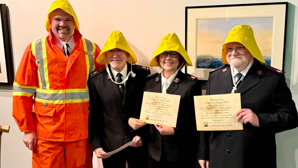 Major Brent Hass, in full fisherman’s attire, presented the Buckinghams and Major Chris Mulryne (Private Secretary to the General) with Honorary Newfoundlander certificates.