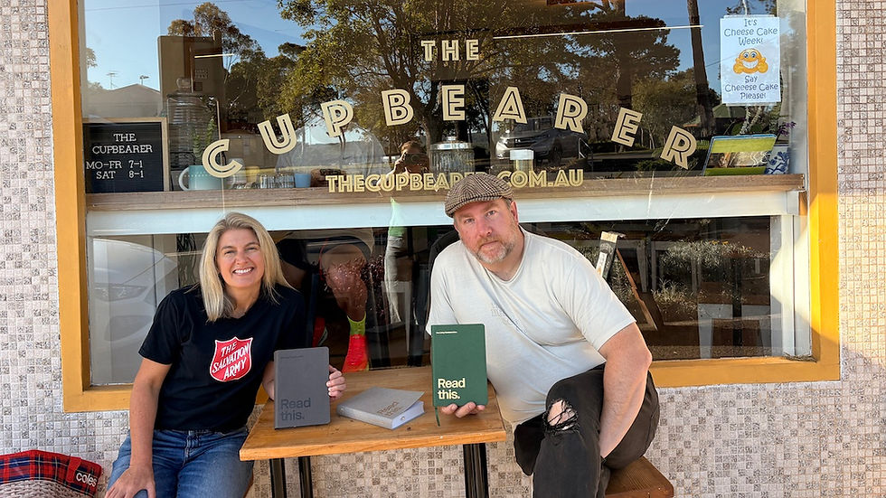 Salvos Mission Leader Lauren Martin and Baptist Church Minister Brad Blacker outside the Cupbearer Café in Helensburgh.