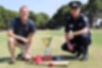 Riverside Gawler Salvos Corps Officer Major Darren Dwyer and Senior Sgt. Rob Mowday from Gawler Police ready to do battle on the cricket field. Image: supplied