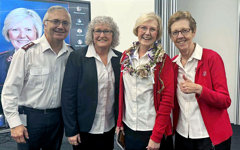 Major Stuart Glover (Assistant Chief Secretary - Business), Major Kim Haworth (Assistant Chief Secretary - Mission), Colonel Winsome Merrett (Chief Secretary) and Commissioner Miriam Gluyas (Territorial Commander) at Thursday's Farewell Celebration for Winsome.